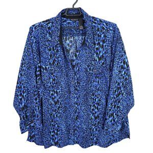 Womens Maggie Barnes Blue & Black Leopard Print Long Sleeve Button Up Size 5X